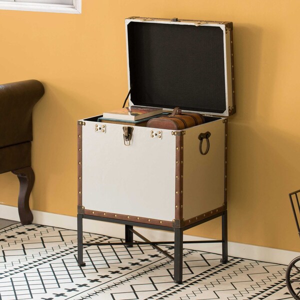 Vintiquewise Silver and Brown Trimmed Faux Leather Lockable Square Lined Storage Trunk, End Table on Metal Stand - QI003796.SI