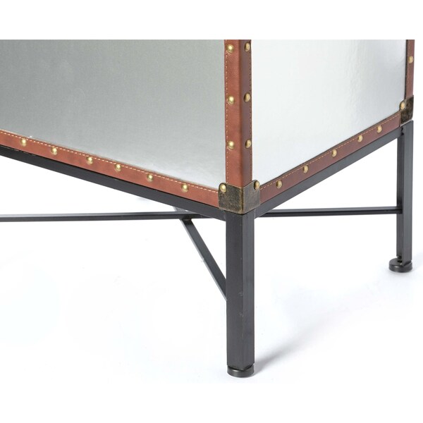 Vintiquewise Silver and Brown Trimmed Faux Leather Lockable Square Lined Storage Trunk, End Table on Metal Stand - QI003796.SI