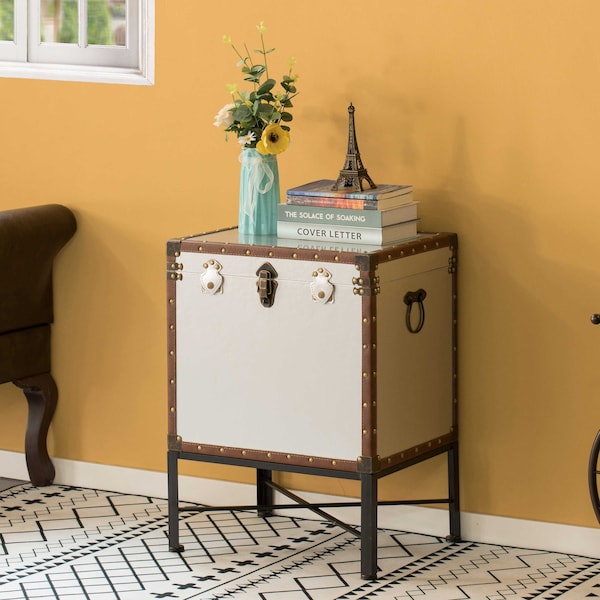 Vintiquewise Silver and Brown Trimmed Faux Leather Lockable Square Lined Storage Trunk, End Table on Metal Stand - QI003796.SI