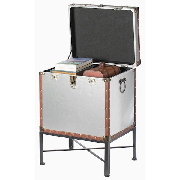 Vintiquewise Silver and Brown Trimmed Faux Leather Lockable Square Lined Storage Trunk, End Table on Metal Stand - QI003796.SI