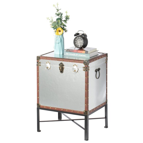 Vintiquewise Silver and Brown Trimmed Faux Leather Lockable Square Lined Storage Trunk, End Table on Metal Stand - QI003796.SI