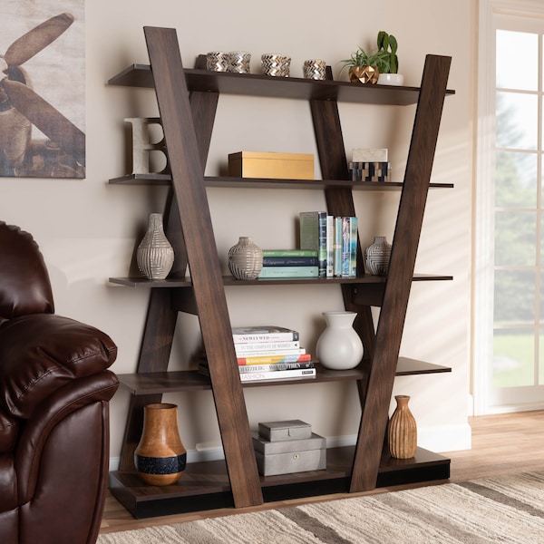 Baxton Studio Michio Walnut Brown Finished 5-Tier Wood Living Room Display Shelf - 168-10767