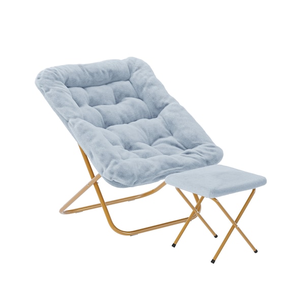 Flash Furniture Archer 28-in Oversized Folding Saucer Chair w/Folding Ottoman, Dusty Aqua Faux Fur/Soft Gold Frame - FV-FSC-027-FR-DTAQ-SGD-GG