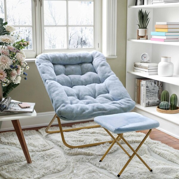 Flash Furniture Archer 28-in Oversized Folding Saucer Chair w/Folding Ottoman, Dusty Aqua Faux Fur/Soft Gold Frame - FV-FSC-027-FR-DTAQ-SGD-GG