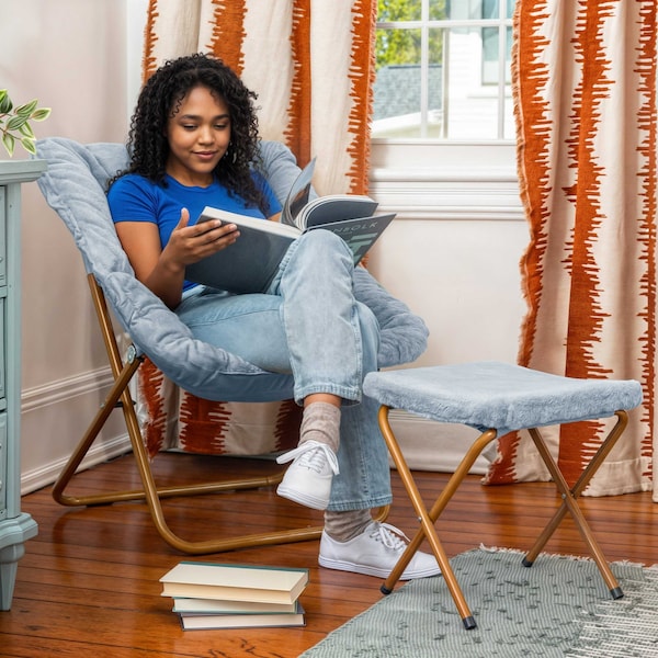 Flash Furniture Archer 28-in Oversized Folding Saucer Chair w/Folding Ottoman, Dusty Aqua Faux Fur/Soft Gold Frame - FV-FSC-027-FR-DTAQ-SGD-GG
