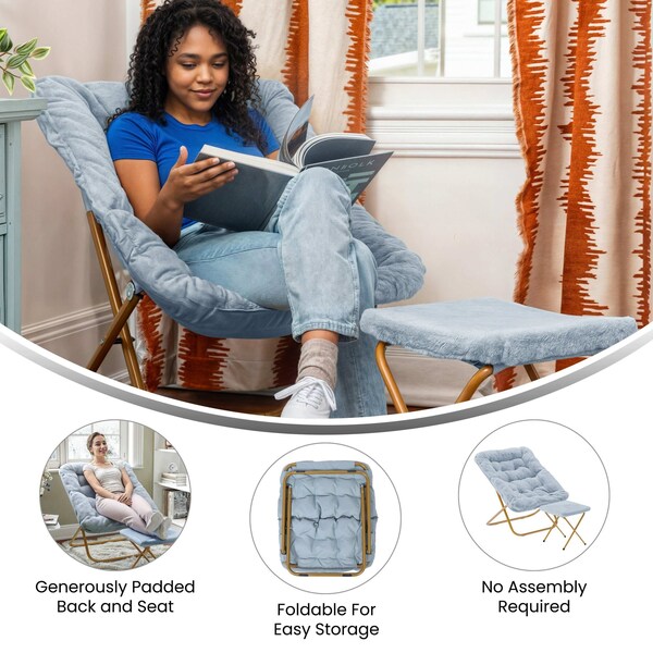 Flash Furniture Archer 28-in Oversized Folding Saucer Chair w/Folding Ottoman, Dusty Aqua Faux Fur/Soft Gold Frame - FV-FSC-027-FR-DTAQ-SGD-GG