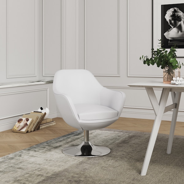 Manhattan Comfort Caisson Faux Leather Swivel Accent Chair in White and Polished Chrome - AC028-WH