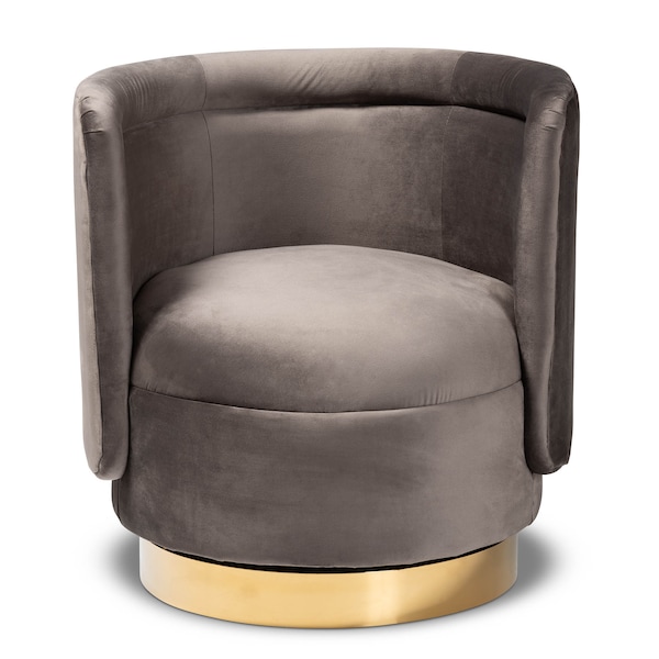 Baxton Studio Saffi Grey Velvet Upholstered Gold Finished Swivel Accent Chair - 163-10573