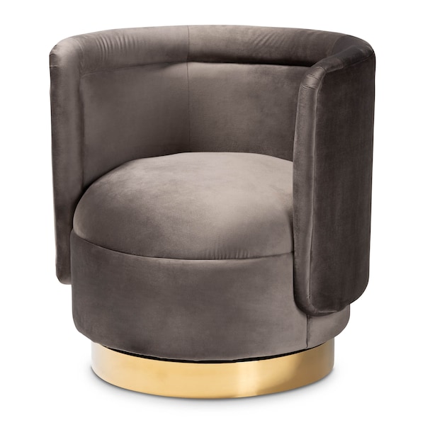 Baxton Studio Saffi Grey Velvet Upholstered Gold Finished Swivel Accent Chair - 163-10573