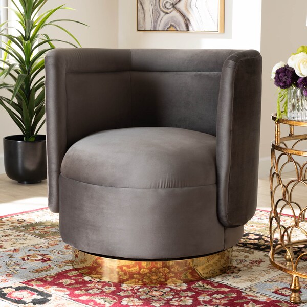 Baxton Studio Saffi Grey Velvet Upholstered Gold Finished Swivel Accent Chair - 163-10573