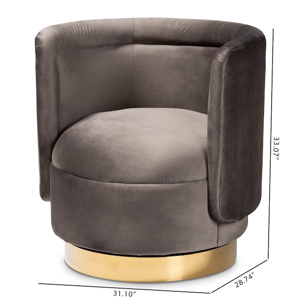 Baxton Studio Saffi Grey Velvet Upholstered Gold Finished Swivel Accent Chair - 163-10573