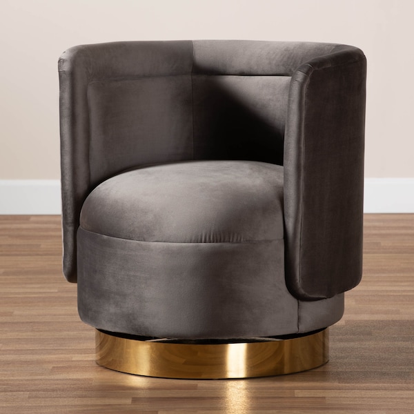 Baxton Studio Saffi Grey Velvet Upholstered Gold Finished Swivel Accent Chair - 163-10573