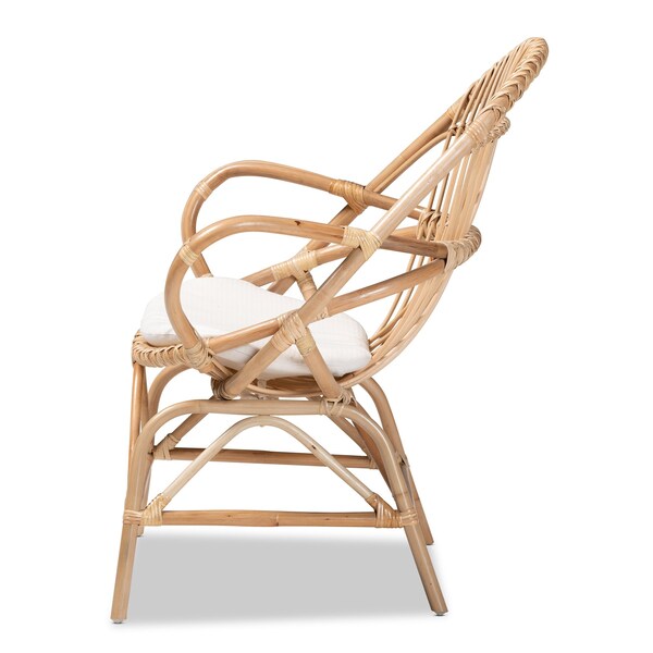 Baxton Studio Jayden Modern Bohemian White Fabric Upholstered and Natural Brown Finished Rattan Accent Chair - 205-12693