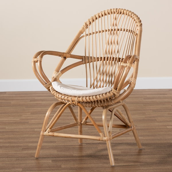 Baxton Studio Jayden Modern Bohemian White Fabric Upholstered and Natural Brown Finished Rattan Accent Chair - 205-12693