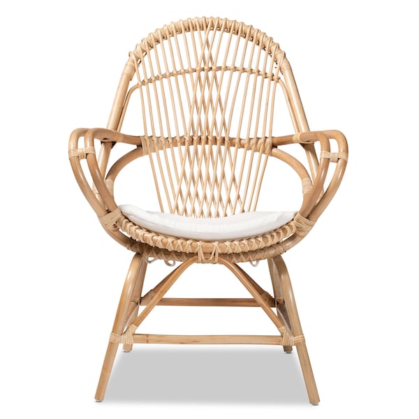 Baxton Studio Jayden Modern Bohemian White Fabric Upholstered and Natural Brown Finished Rattan Accent Chair - 205-12693