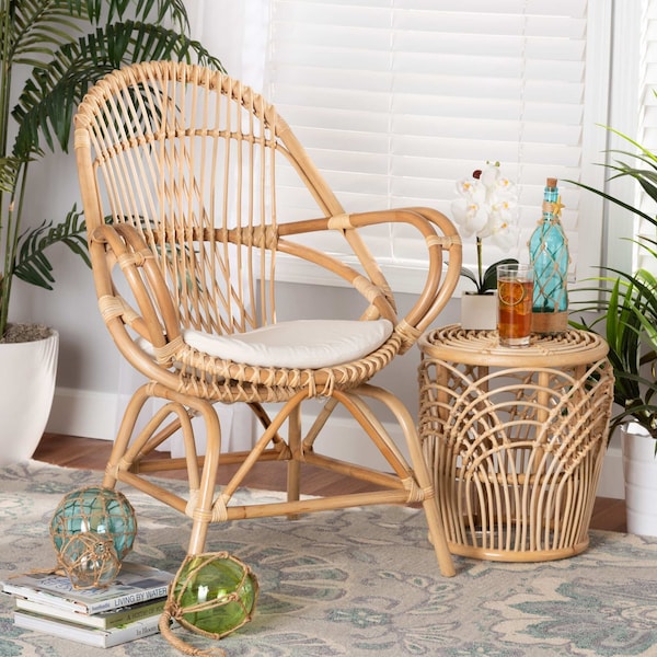 Baxton Studio Jayden Modern Bohemian White Fabric Upholstered and Natural Brown Finished Rattan Accent Chair - 205-12693