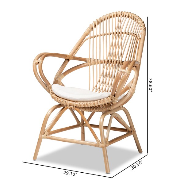 Baxton Studio Jayden Modern Bohemian White Fabric Upholstered and Natural Brown Finished Rattan Accent Chair - 205-12693