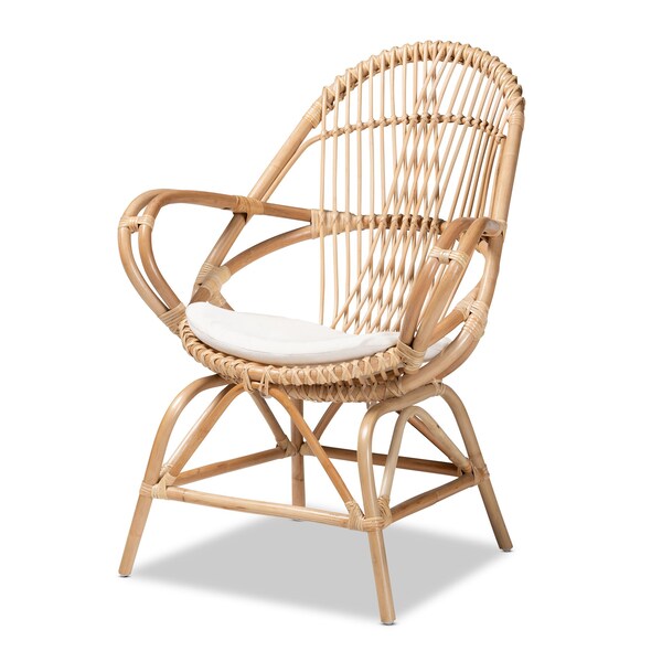 Baxton Studio Jayden Modern Bohemian White Fabric Upholstered and Natural Brown Finished Rattan Accent Chair - 205-12693