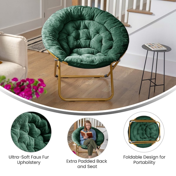 Flash Furniture Gwen 38 Oversize Portable Faux Fur Folding Saucer Moon Chair, Emerald Faux Fur/Soft Gold Frame - FV-FMC-025-EMRLD-SGD-GG