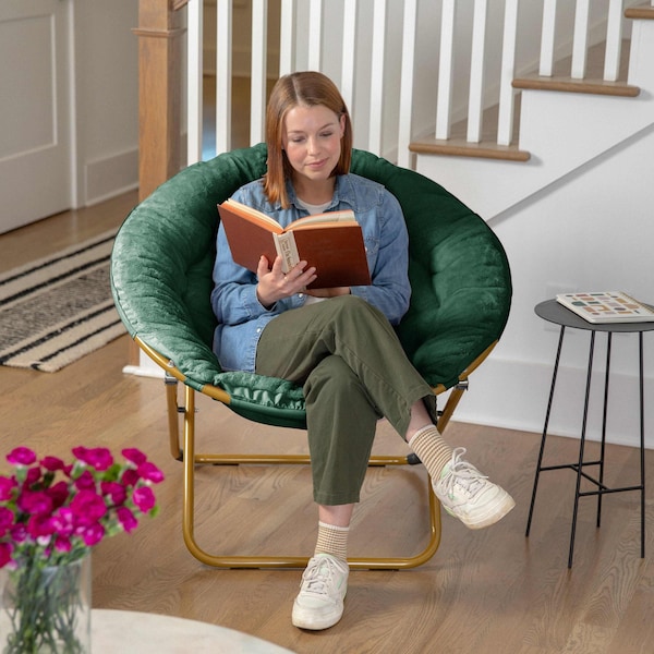 Flash Furniture Gwen 38 Oversize Portable Faux Fur Folding Saucer Moon Chair, Emerald Faux Fur/Soft Gold Frame - FV-FMC-025-EMRLD-SGD-GG