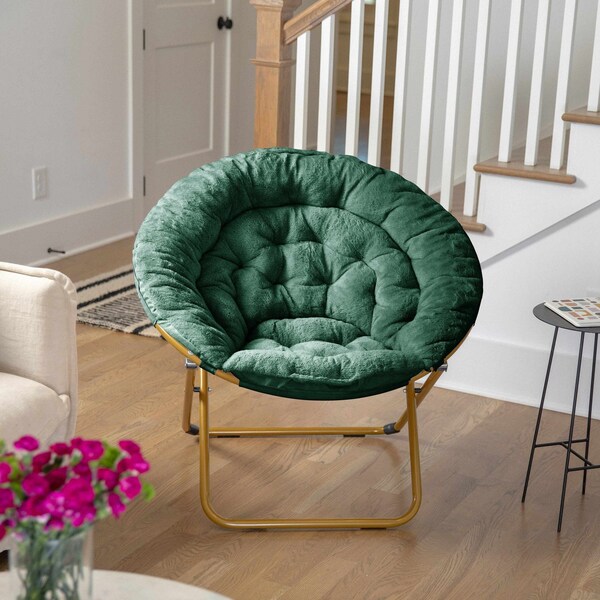 Flash Furniture Gwen 38 Oversize Portable Faux Fur Folding Saucer Moon Chair, Emerald Faux Fur/Soft Gold Frame - FV-FMC-025-EMRLD-SGD-GG