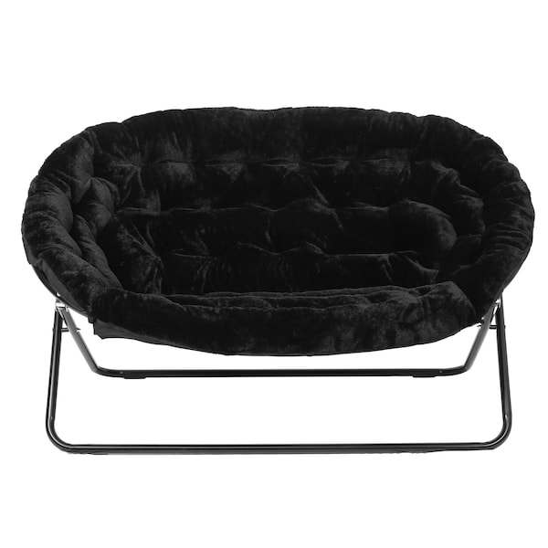 Flash Furniture Eleanor 56-in Portable Folding Double Saucer Chair in Black Faux Fur w/a Black Steel Frame - FV-FDS-001-BK-BK-GG