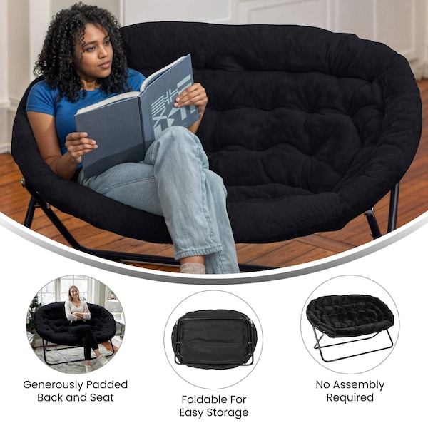 Flash Furniture Eleanor 56-in Portable Folding Double Saucer Chair in Black Faux Fur w/a Black Steel Frame - FV-FDS-001-BK-BK-GG