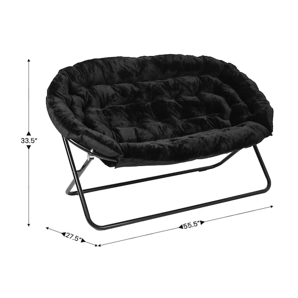 Flash Furniture Eleanor 56-in Portable Folding Double Saucer Chair in Black Faux Fur w/a Black Steel Frame - FV-FDS-001-BK-BK-GG