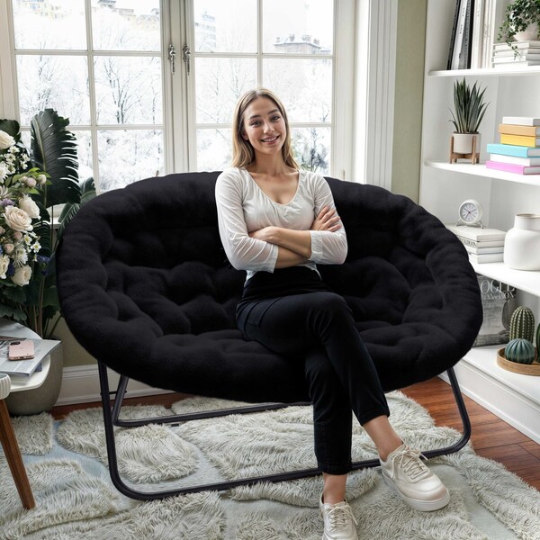 Flash Furniture Eleanor 56-in Portable Folding Double Saucer Chair in Black Faux Fur w/a Black Steel Frame - FV-FDS-001-BK-BK-GG