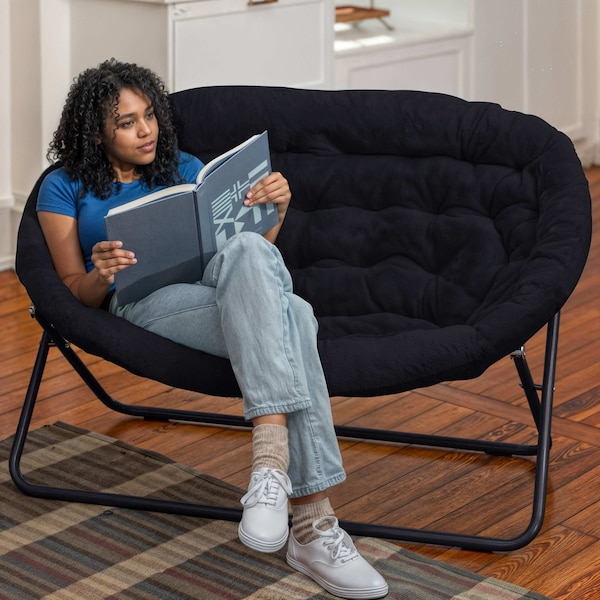 Flash Furniture Eleanor 56-in Portable Folding Double Saucer Chair in Black Faux Fur w/a Black Steel Frame - FV-FDS-001-BK-BK-GG
