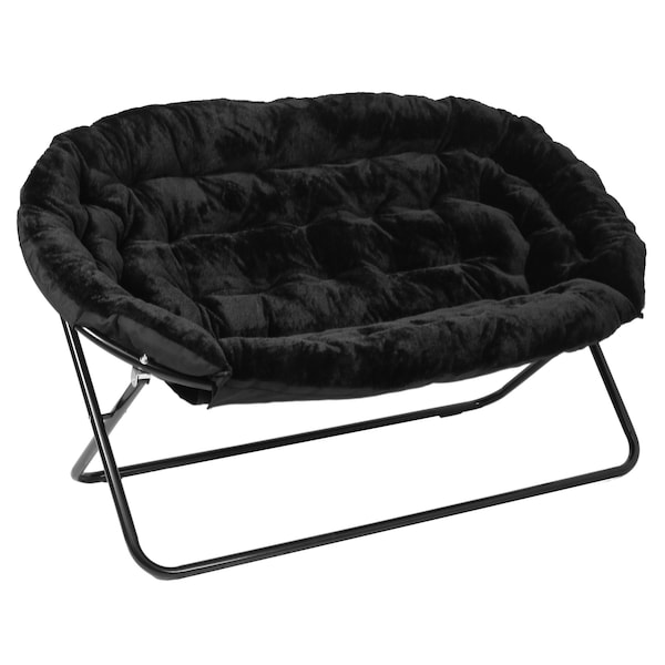 Flash Furniture Eleanor 56-in Portable Folding Double Saucer Chair in Black Faux Fur w/a Black Steel Frame - FV-FDS-001-BK-BK-GG