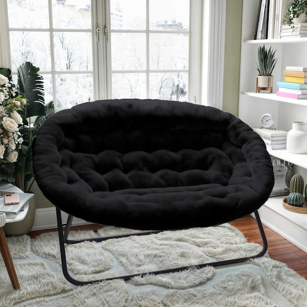 Flash Furniture Eleanor 56-in Portable Folding Double Saucer Chair in Black Faux Fur w/a Black Steel Frame - FV-FDS-001-BK-BK-GG
