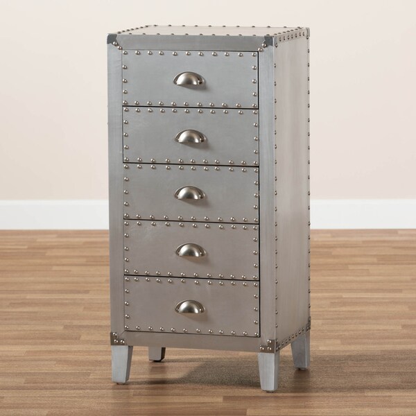 Baxton Studio Carel Silver Metal 5-Drawer Accent Chest - 160-10249