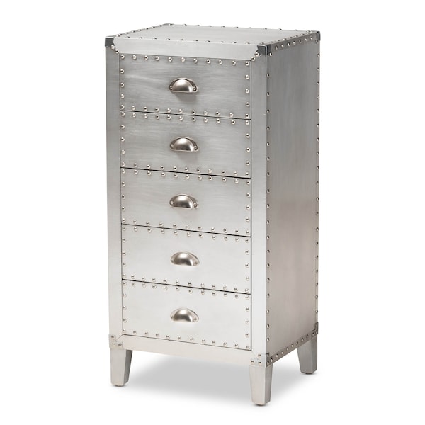 Baxton Studio Carel Silver Metal 5-Drawer Accent Chest - 160-10249