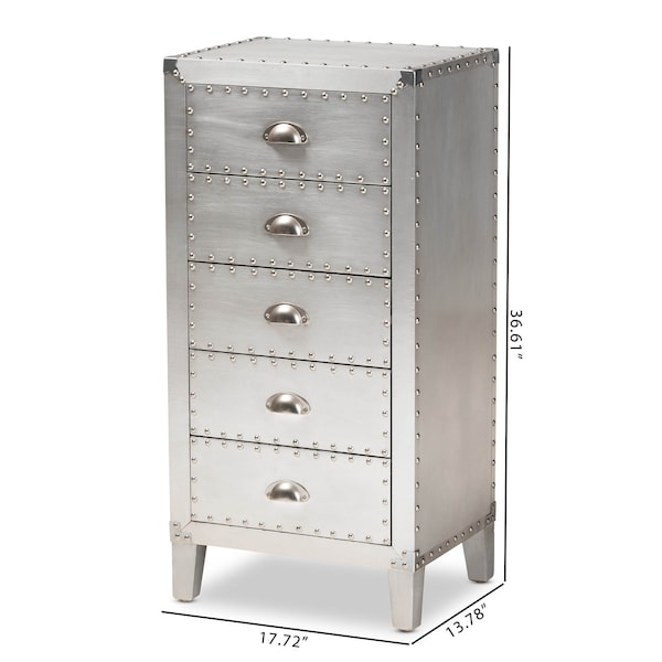 Baxton Studio Carel Silver Metal 5-Drawer Accent Chest - 160-10249
