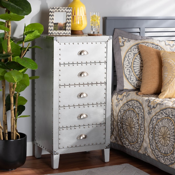 Baxton Studio Carel Silver Metal 5-Drawer Accent Chest - 160-10249
