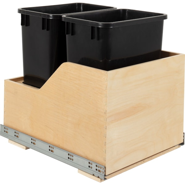 Hardware Resources Dbl 35 Quart Wood Bottom-Mount Soft-Close Trashcan Rollout For Hinged Doors, Includes 2 Black Cans - CAN-WBMD3518B
