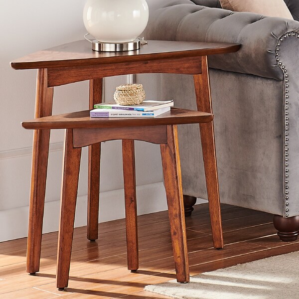 Alaterre Furniture Monterey 24" Mid-Century Wood Triangular Nesting End Tables, Set of Two, Warm Chestnut - ANMT0170N