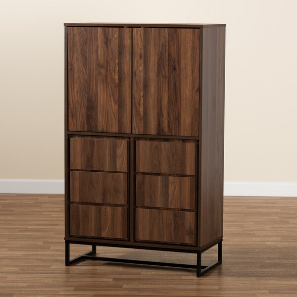 Baxton Studio Neil Modern Walnut Brown Finished Wood and Black Finished Metal Multipurpose Storage Cabinet - 178-11215-ZORO