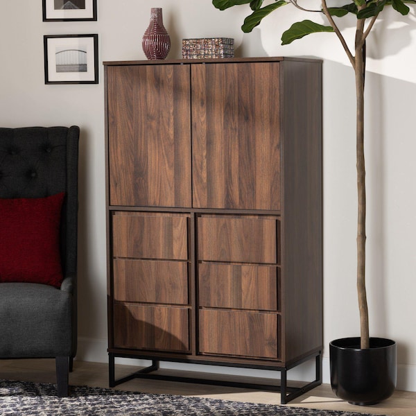 Baxton Studio Neil Modern Walnut Brown Finished Wood and Black Finished Metal Multipurpose Storage Cabinet - 178-11215-ZORO