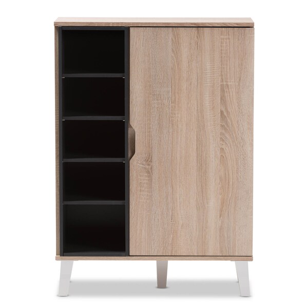 Baxton Studio Adelina Mid-Century Modern 1-door Oak and Grey Wood Shoe Cabinet - 138-7710