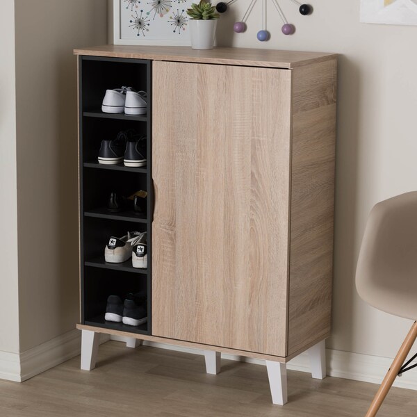 Baxton Studio Adelina Mid-Century Modern 1-door Oak and Grey Wood Shoe Cabinet - 138-7710