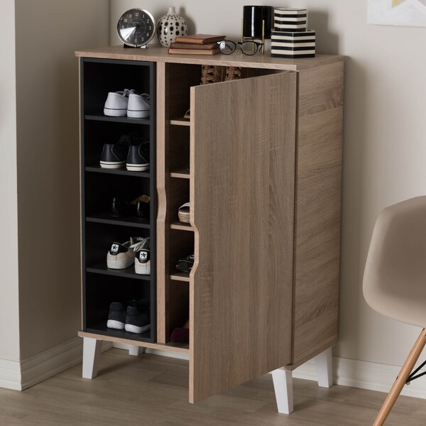 Baxton Studio Adelina Mid-Century Modern 1-door Oak and Grey Wood Shoe Cabinet - 138-7710