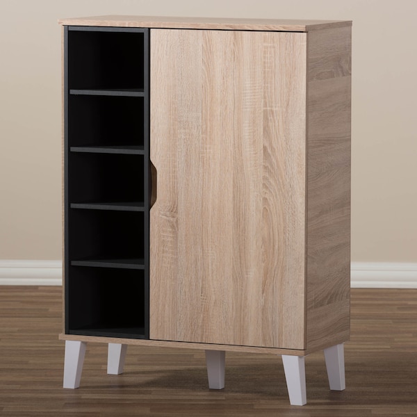 Baxton Studio Adelina Mid-Century Modern 1-door Oak and Grey Wood Shoe Cabinet - 138-7710