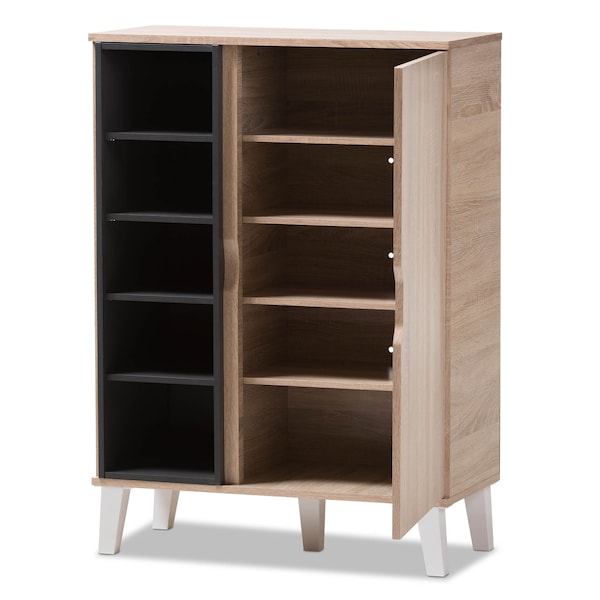 Baxton Studio Adelina Mid-Century Modern 1-door Oak and Grey Wood Shoe Cabinet - 138-7710