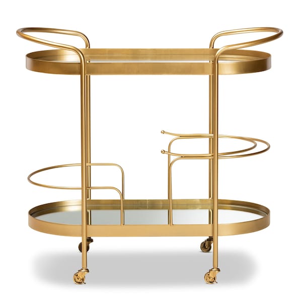 Baxton Studio Kamal Modern Glam Brushed Gold Finished Metal and Mirrored Glass 2-Tier Mobile Wine Bar Cart - 181-11197-ZORO