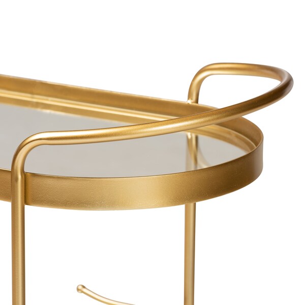 Baxton Studio Kamal Modern Glam Brushed Gold Finished Metal and Mirrored Glass 2-Tier Mobile Wine Bar Cart - 181-11197-ZORO