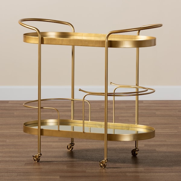 Baxton Studio Kamal Modern Glam Brushed Gold Finished Metal and Mirrored Glass 2-Tier Mobile Wine Bar Cart - 181-11197-ZORO