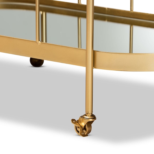 Baxton Studio Kamal Modern Glam Brushed Gold Finished Metal and Mirrored Glass 2-Tier Mobile Wine Bar Cart - 181-11197-ZORO