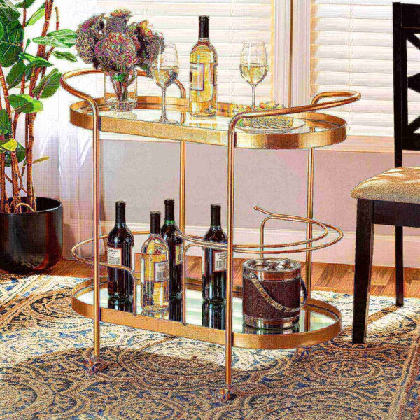 Baxton Studio Kamal Modern Glam Brushed Gold Finished Metal and Mirrored Glass 2-Tier Mobile Wine Bar Cart - 181-11197-ZORO